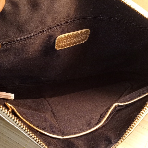 NWOT IMOSHION Bonjour Au Revoir Gold Vegan Leather Wristlet Purse Makeup Bag - Picture 5 of 10